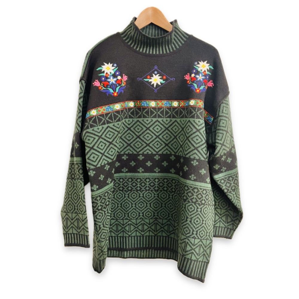 Vintage Obermeyer Embroidered Floral Nordic Alpine Wool Blend Mock Neck Sweater